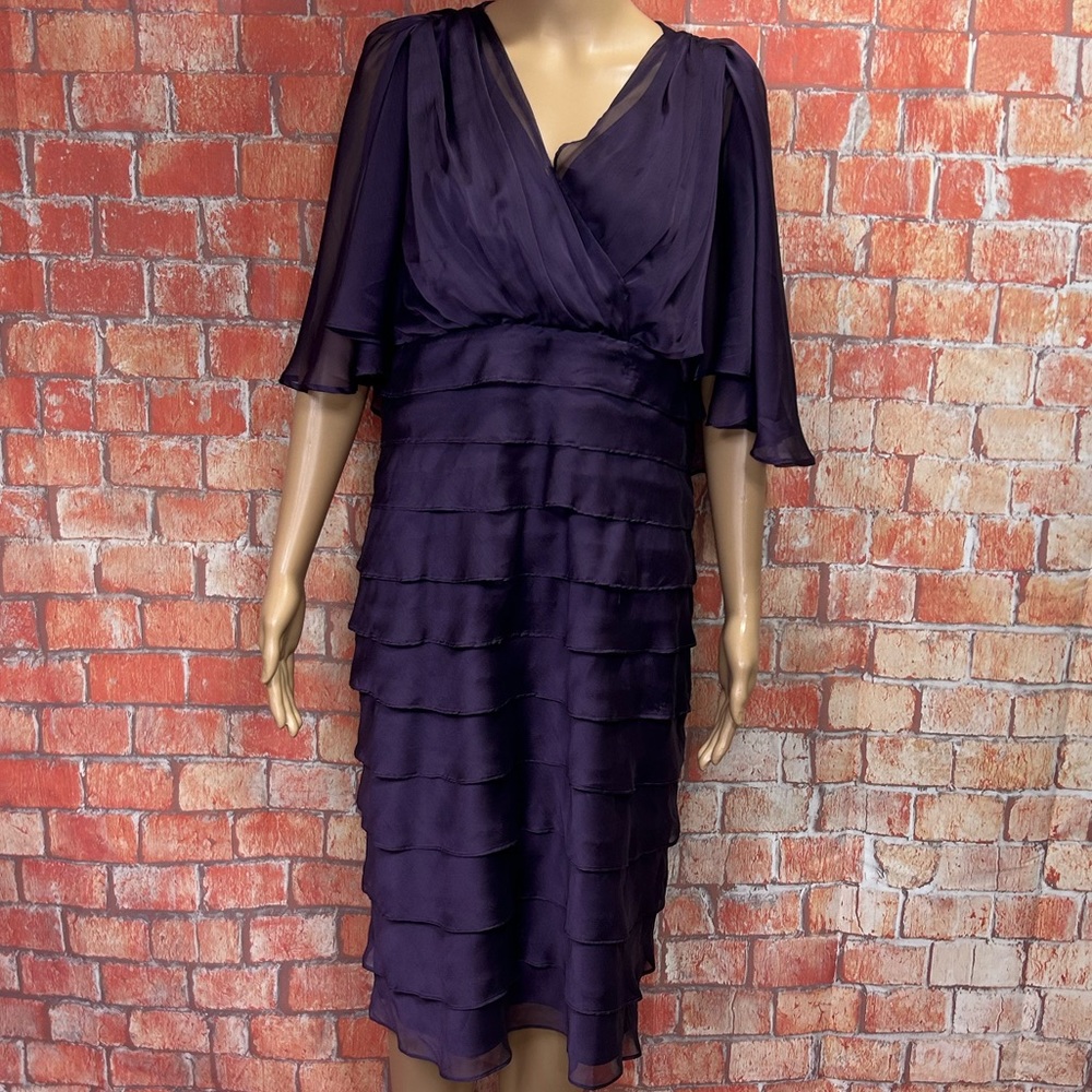 Lizzatti Plus Size Eggplant Purple Tiered Chiffon Flutter Sleeve Dress‎